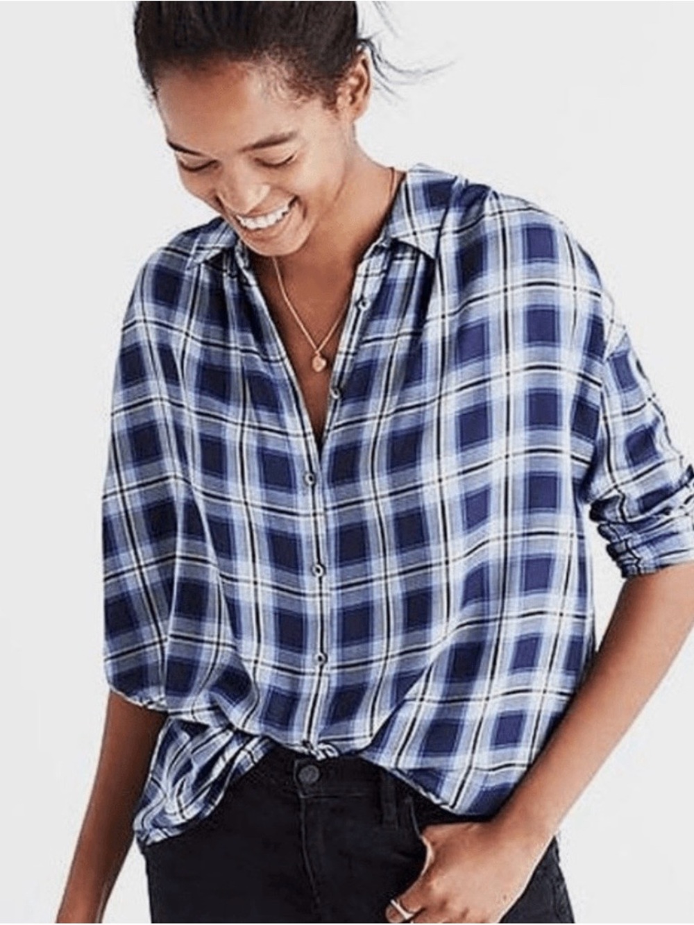 Madewell Central Lansford Blue White Plaid Shirt Viscose Long Sleeve Button Up M